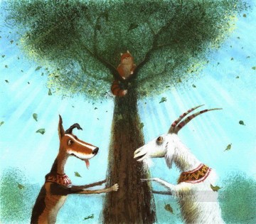 contes de fées chien et chèvre attraper chat animal facétieux Peinture à l'huile